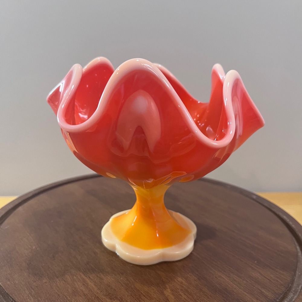 Vtg L.E. Smith Bittersweet Slag Glass Ruffled Compote MCM Orange‎ Pedestal Bowl
